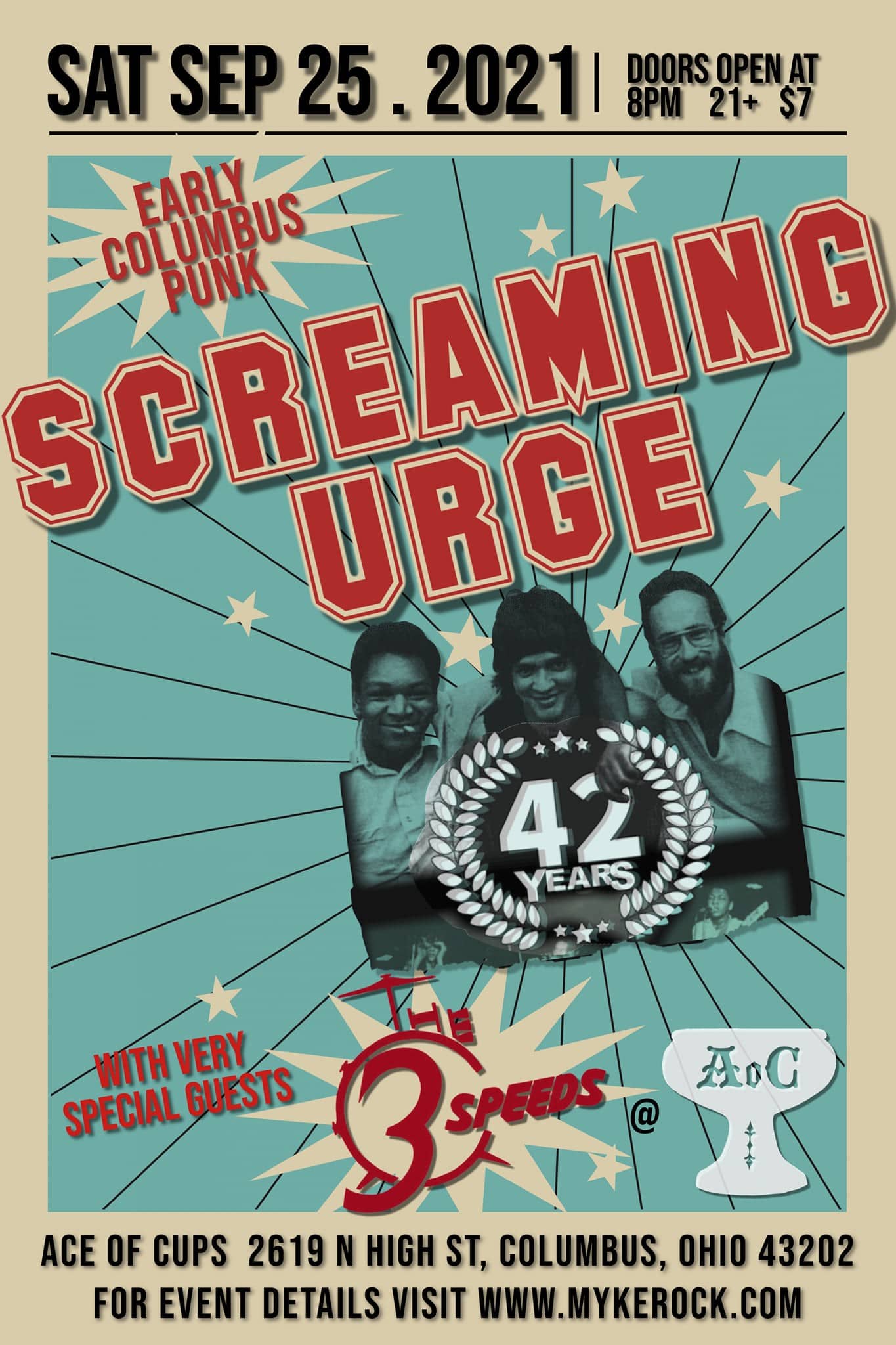 Cream and aqua, early Columbus punk, b and w picture ofRock,Ravage, and Manic. Sept 25, 2021 show, Ace of Cups