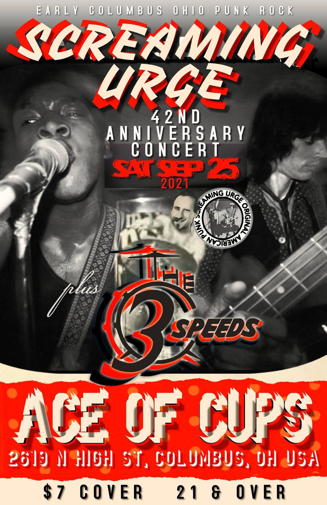 Black and white picture of Rock and Ravge, red and cream text reading"ScreamingUrge 42ndAnniversary Concert"